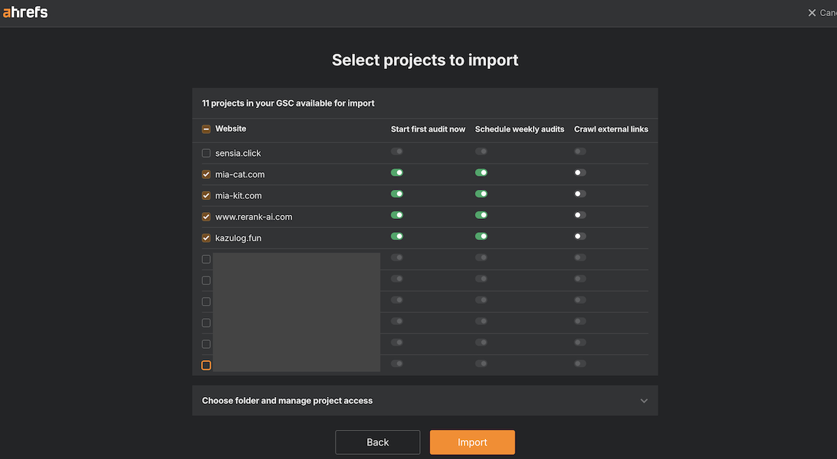 Ahrefs GSC連携：「Select projects to import」でプロパティを選択する画面