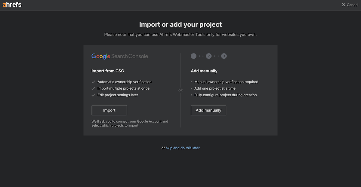 Ahrefs GSC連携を促す案内画面（Google認証で許可）