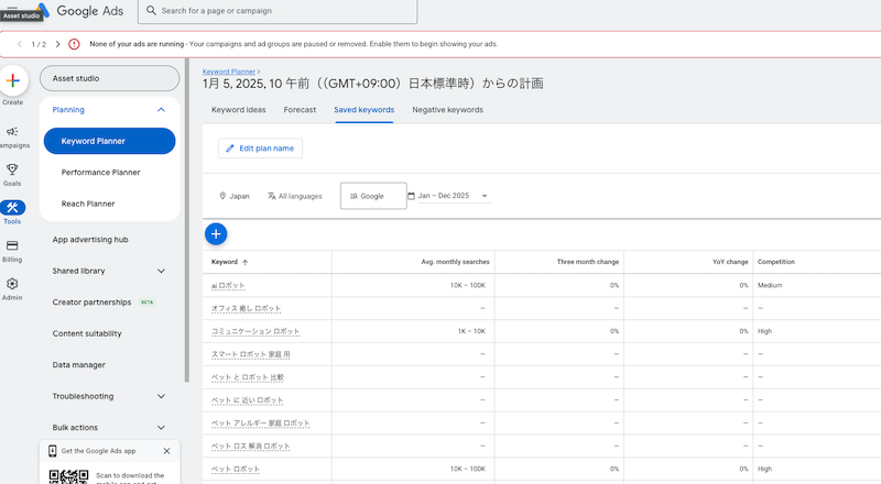 Googleキーワードプランナー 検索ボリュームと予測データを確認
